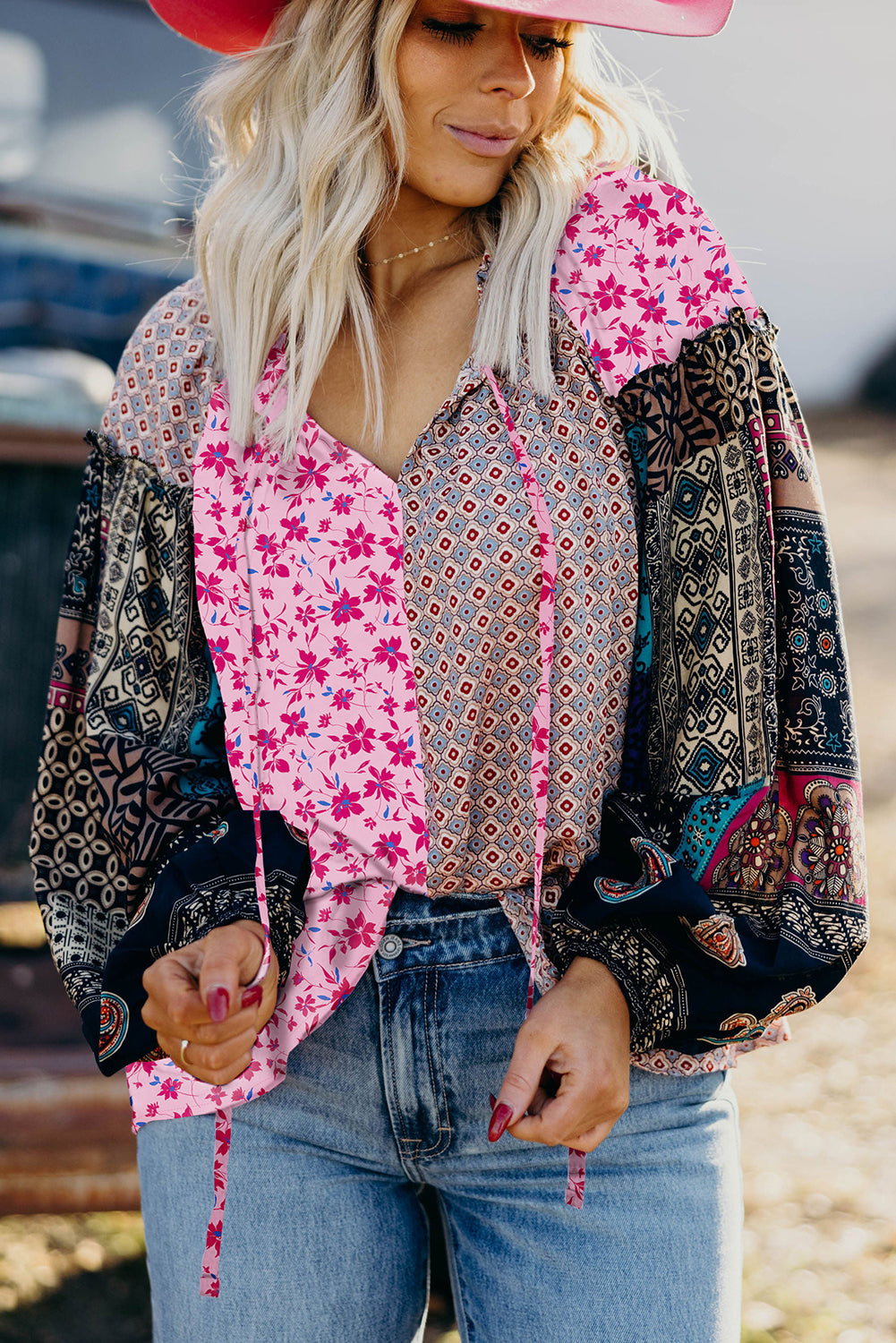 Premium Pink Boho Mixed Floral Drop Shoulder Bubble Sleeve Blouse