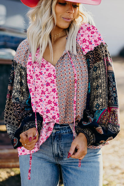 Premium Pink Boho Mixed Floral Drop Shoulder Bubble Sleeve Blouse