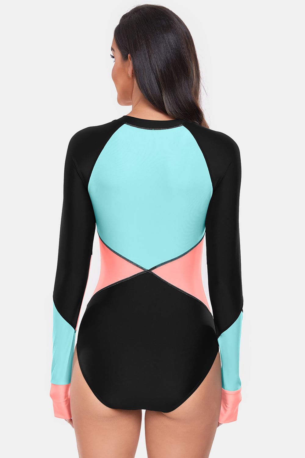 Color Block Half Zip Long Sleeve One-Piece Swimwear.