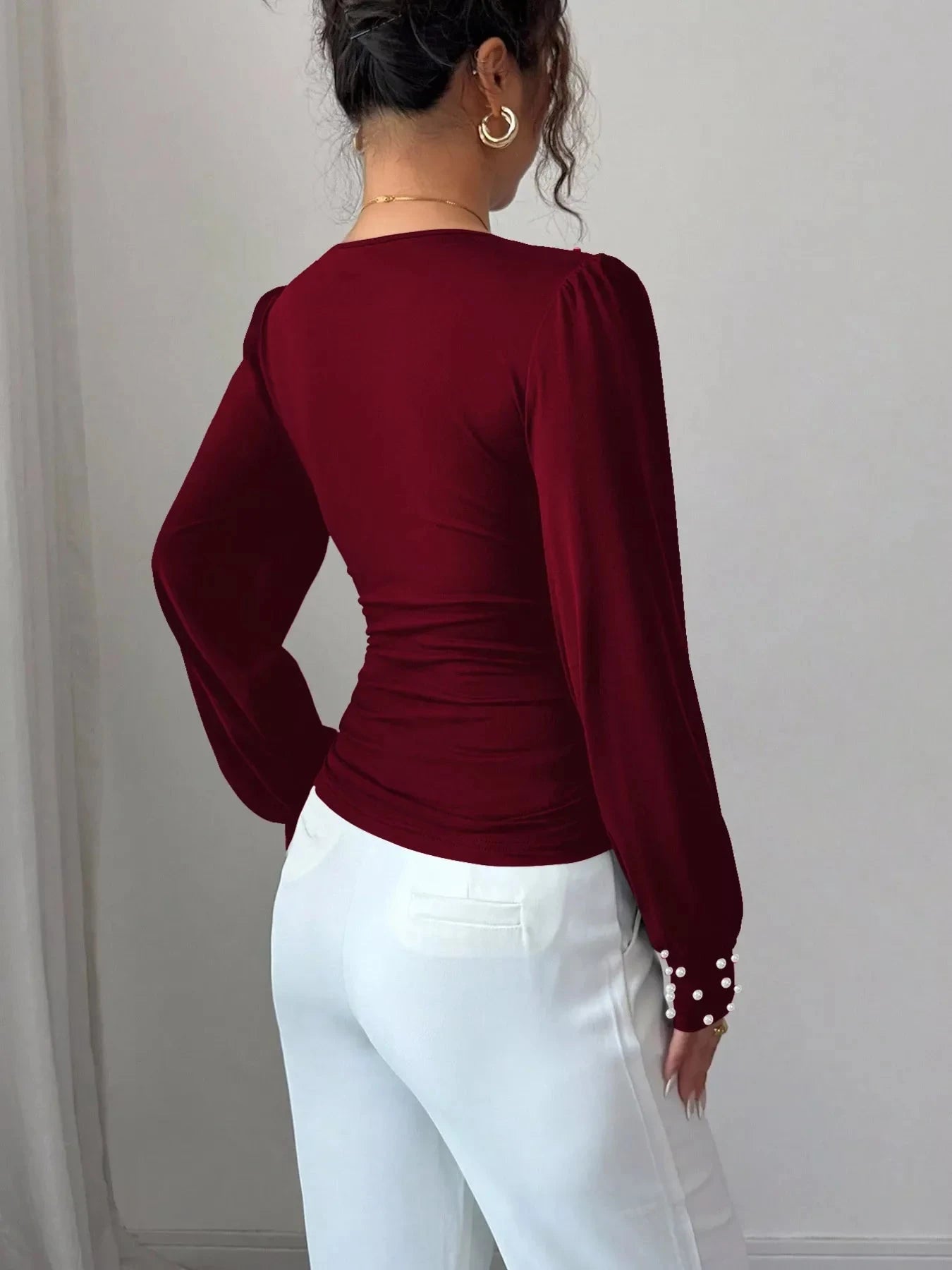 Burgundy Pearl Embellished Ruched V Neck Blouse With Long Sleeves Simply Love