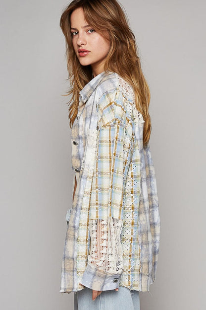 POL Long Sleeve Embroidered Crochet Plaid Shirt.