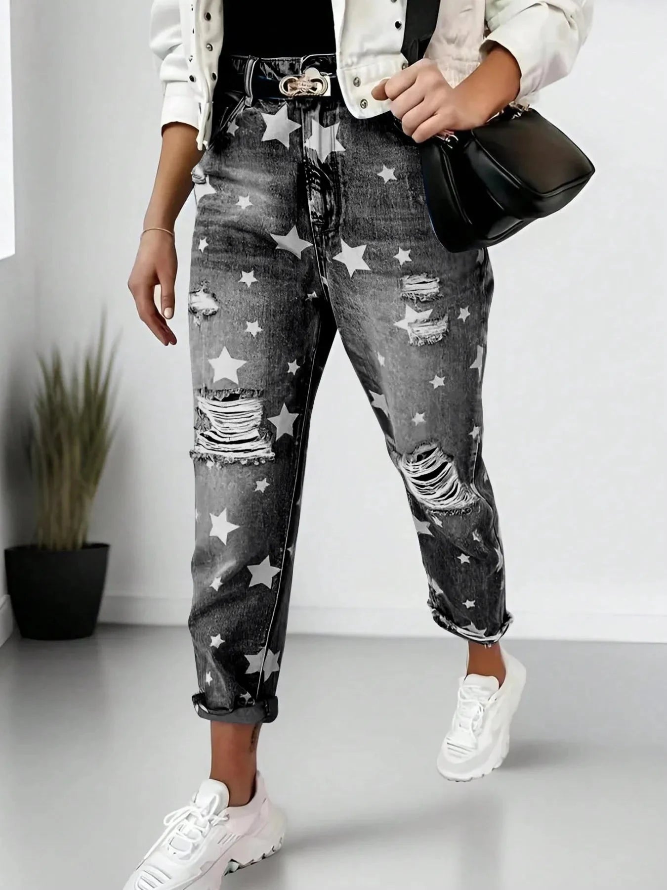 Star Print Distressed High Waist Boyfriend Jeans Coco’s Tee Boutique