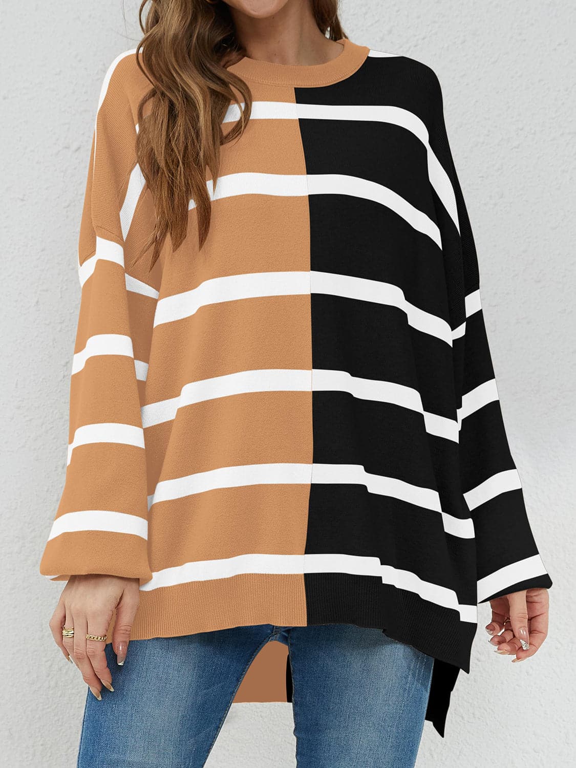 Striped Round Neck Long Sleeve Sweater.