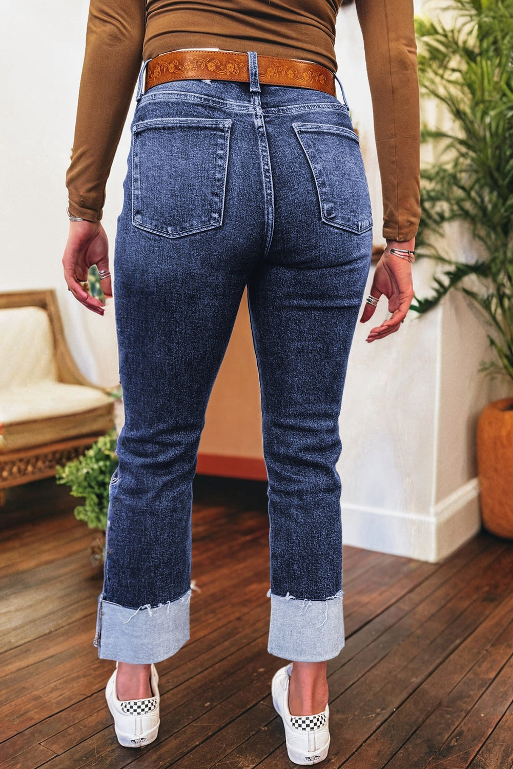 Real Teal Folded Cuffs Distressed Straight High Waist Jeans Love Salve