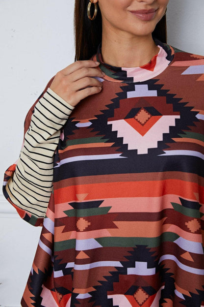 Geometric Striped Splicing Round Neck Blouse.