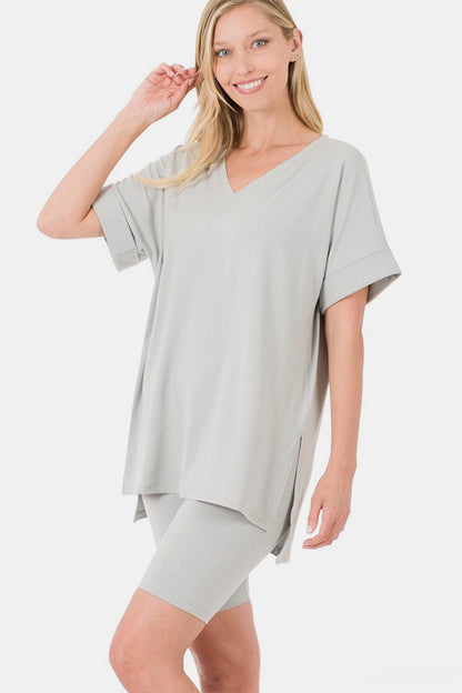 Zenana Full Size V-Neck Short Sleeve Slit T-Shirt and Shorts Set.