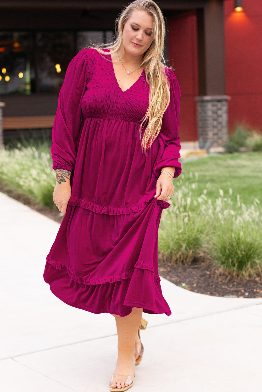 Elegant rose red velvet plus size maxi dress with ruffled tiers and V-neck