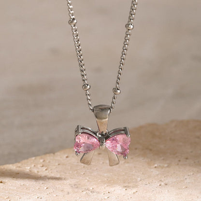 Elegant zircon and stainless steel bow necklace