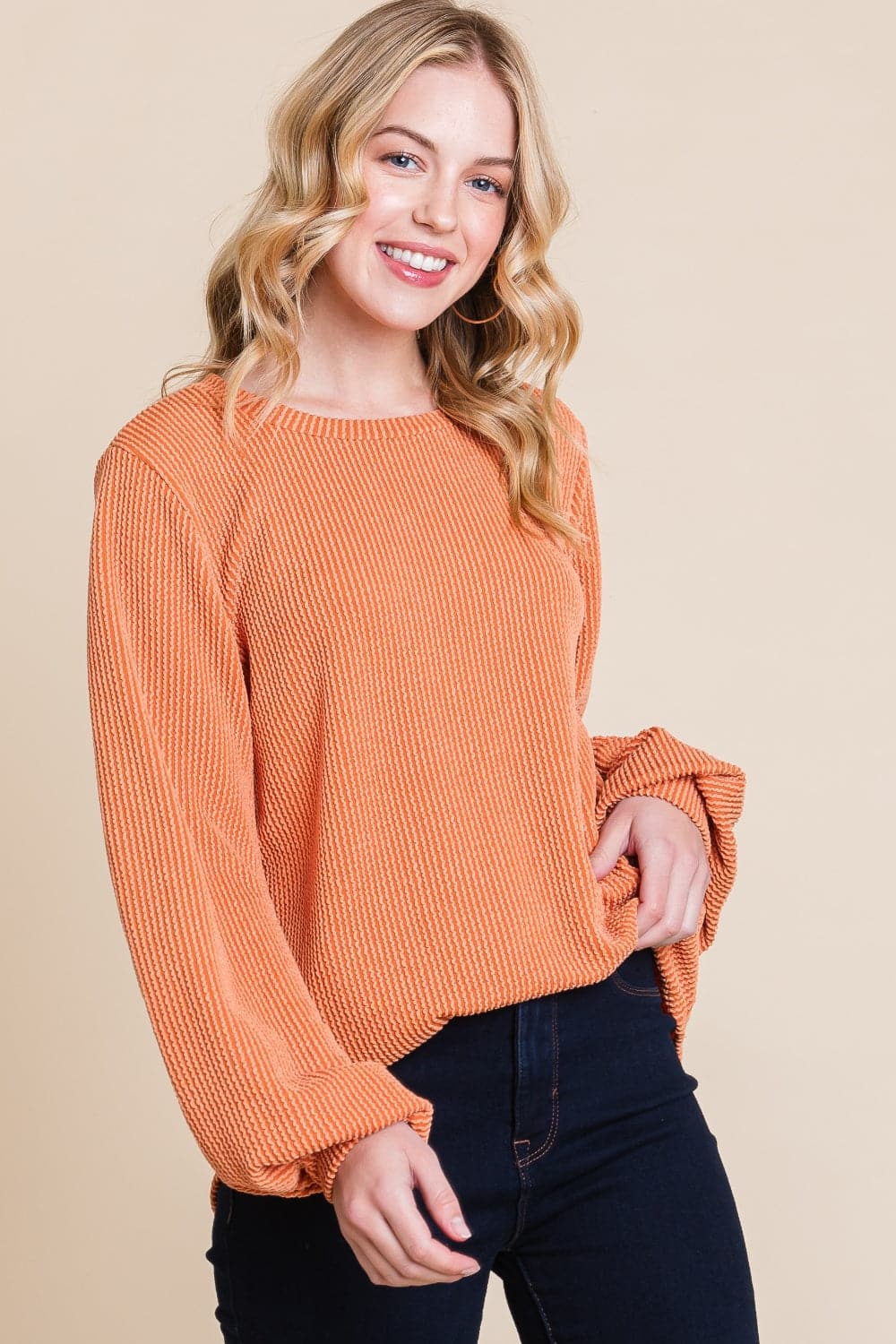 BOMBOM Long Sleeve Curved Hem Ribbed T-Shirt.