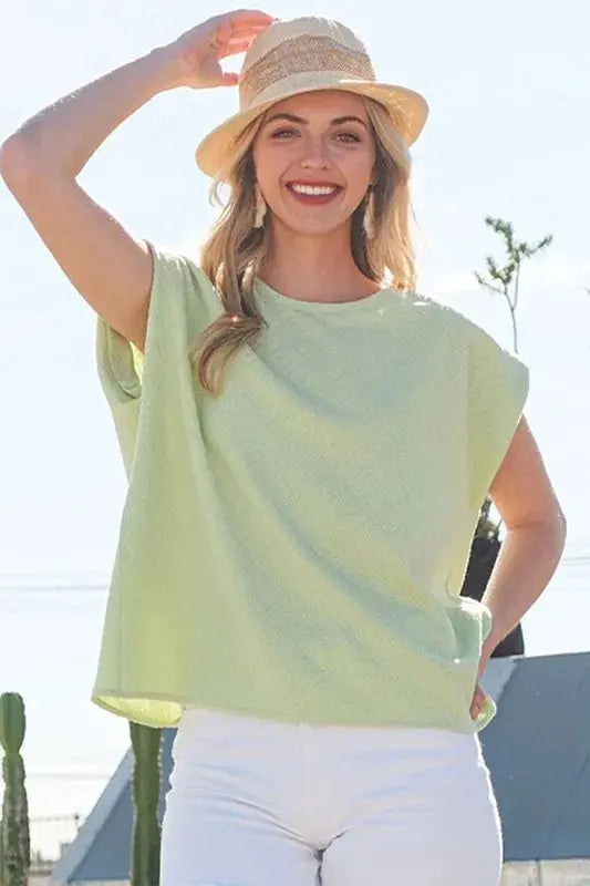 Lime 'N' Chili Textured Solid Muscle Sleeve Top - Love Salve 