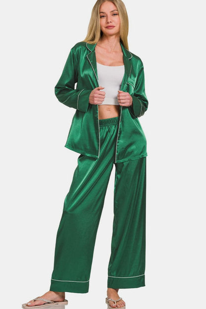 Satin elegance: long sleeve shirt and pants pajama set by Zenana