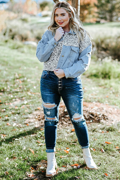 Plus Size Leopard Raw Hem Distressed Spliced Denim Jacket.