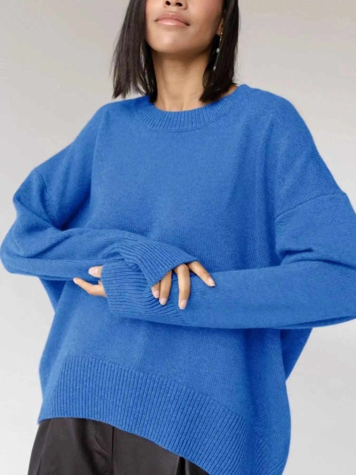 Ribbed Hem Round Neck Sweater Simply Love