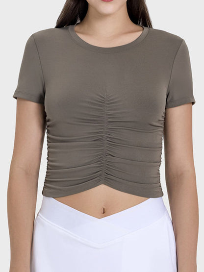 Ruched Round Neck Short Sleeve Active T-Shirt.