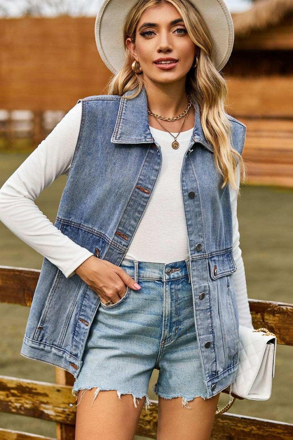 Sleeveless Collared Neck Denim Top with Pockets.