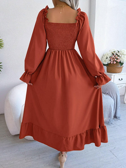 Smocked Square Neck Flounce Sleeve Dress.