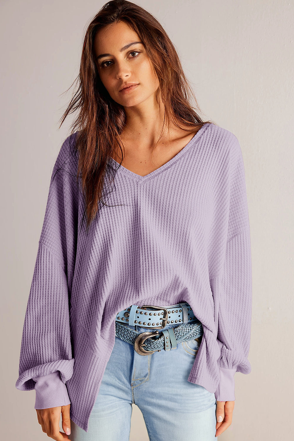 Orchid petal waffle knit V-neck long sleeve loose-fit blouse