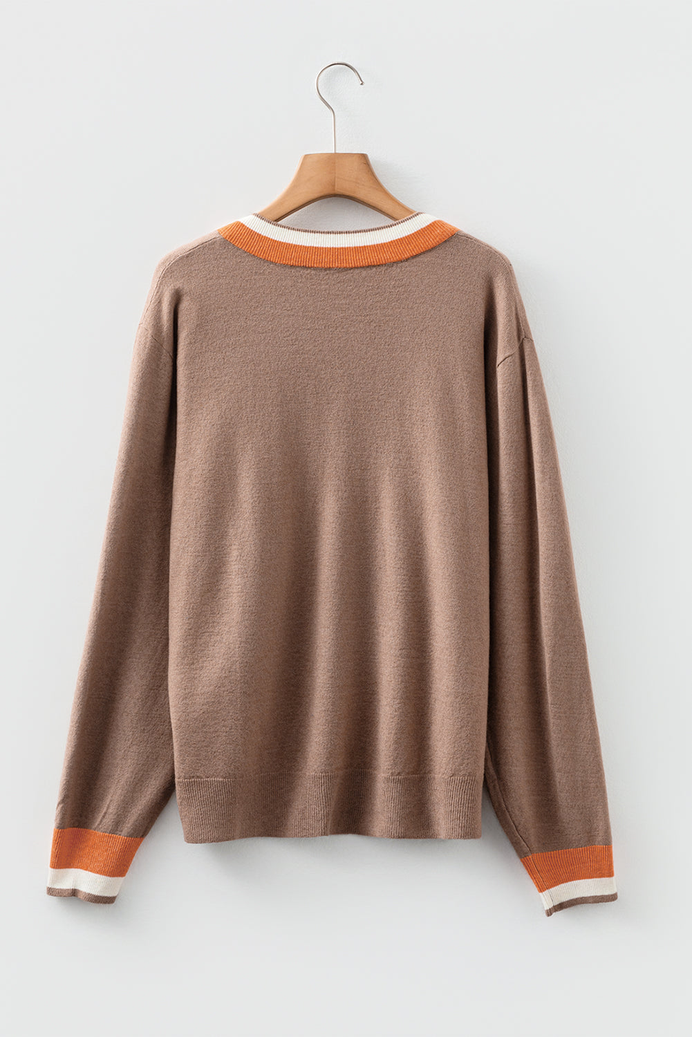 Dark Khaki Varsity Sweater With Contrast Striped Trim V Neck Dear-Lover Dropshipping