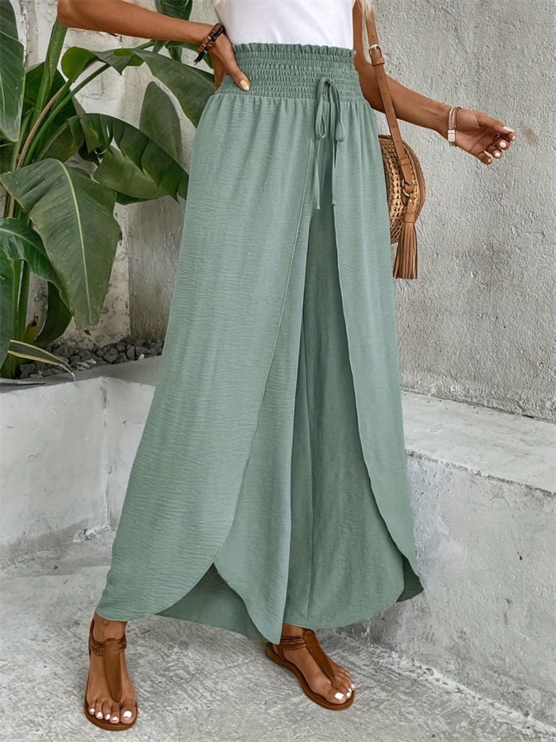 Tied high-waisted wide-leg trousers