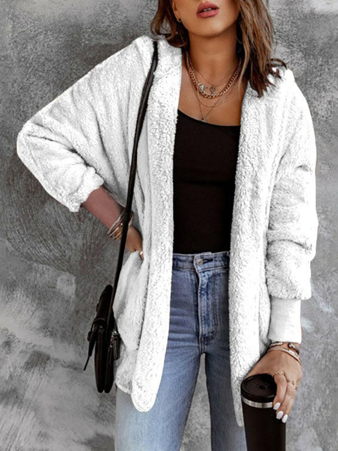 Open Front Hooded Faux Fur Outwear with Pockets.