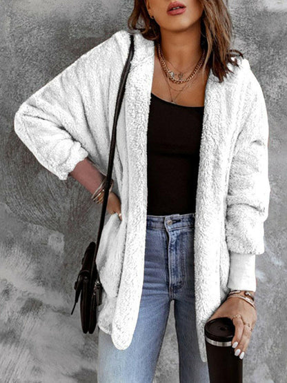 Open Front Hooded Faux Fur Outwear with Pockets.