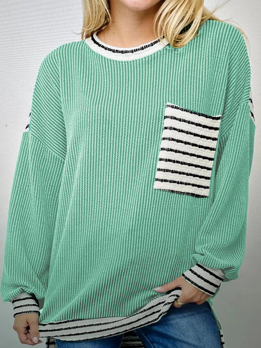 Twisted Ribbed Contrast Round Neck Striped Patchwork Long Sleeve Top Simply Love