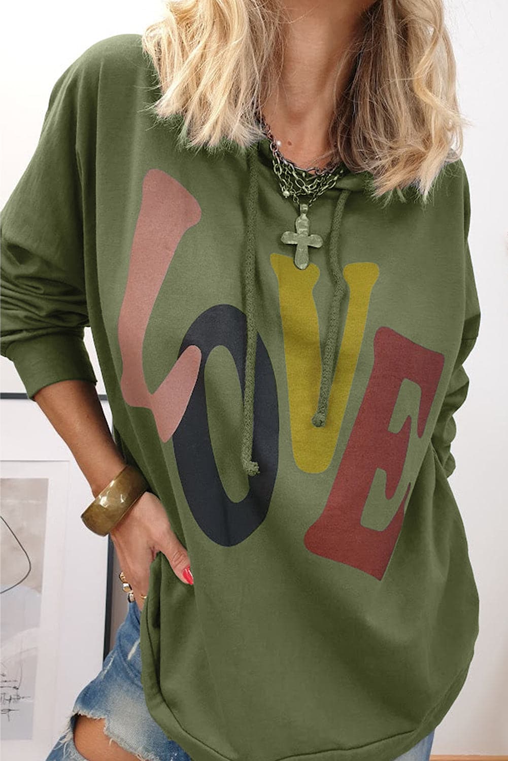 LOVE Drawstring Dropped Shoulder Hoodie.