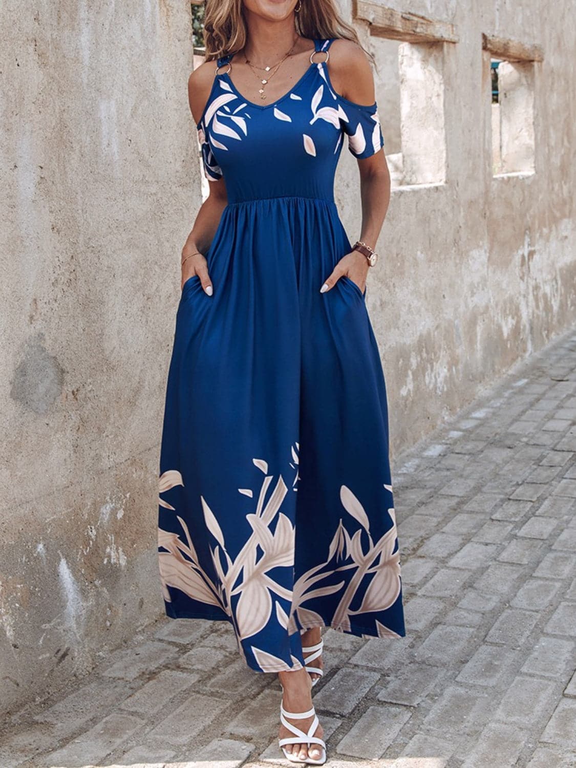 Printed Cold Shoulder Short Sleeve Maxi Dress.