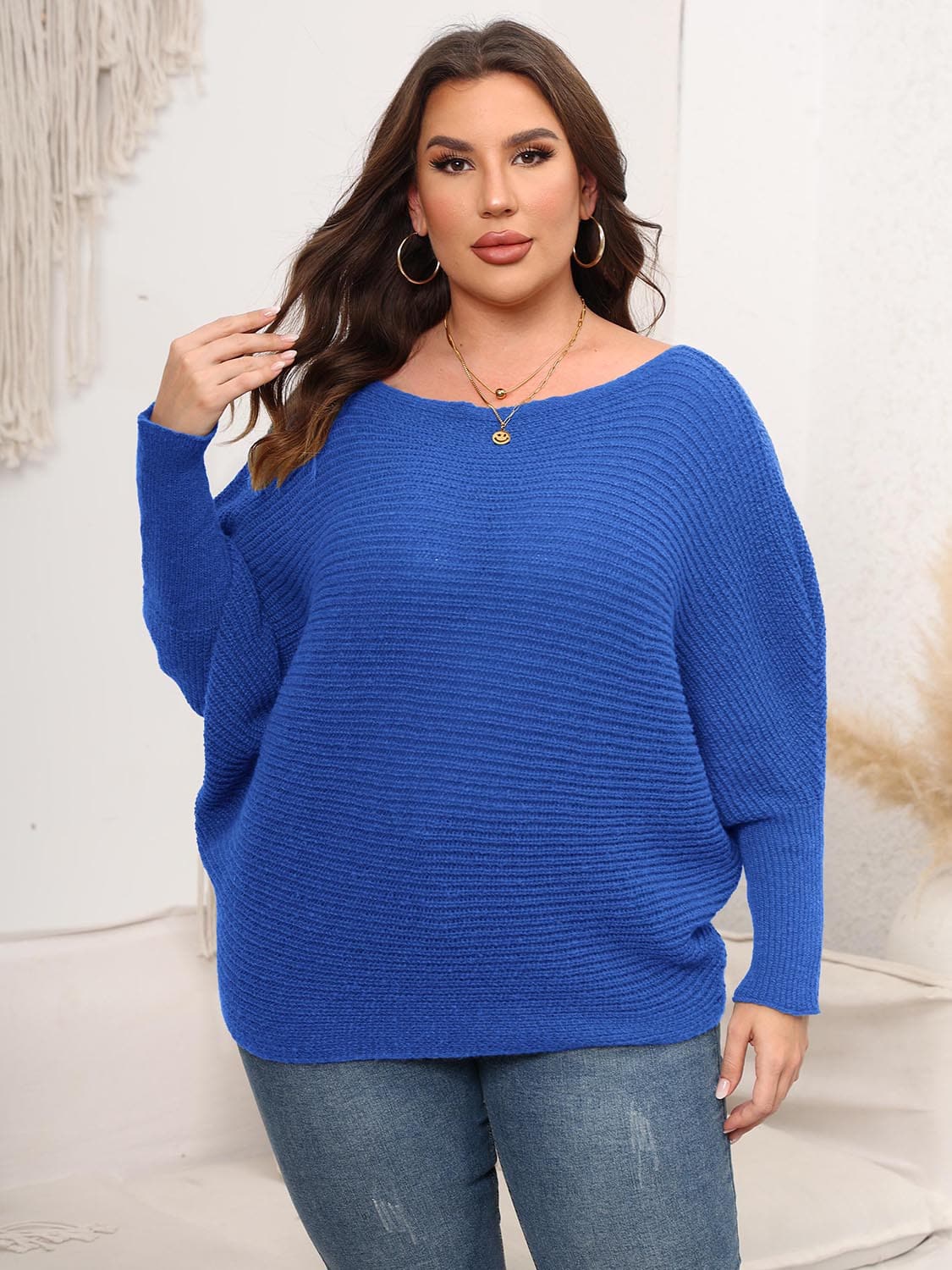 Full Size Boat Neck Batwing Sleeve Sweater.