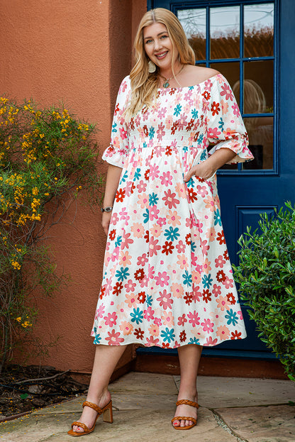 Elegant white floral off-shoulder dress for plus sizes