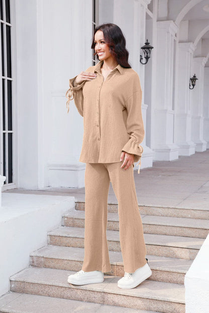 Drawstring Flounce Sleeve Shirt and Pants Set.