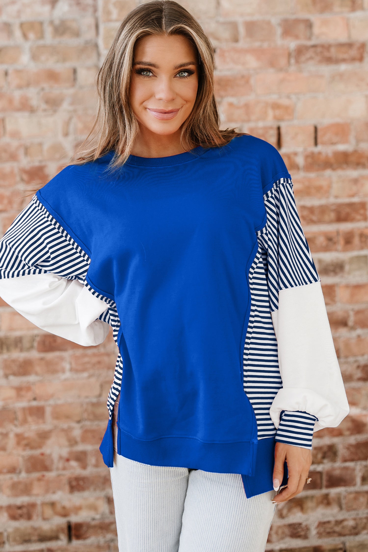 Dark Blue Striped Patchwork Sleeve Colorblock Sweatshirt Dear-Lover Dropshipping