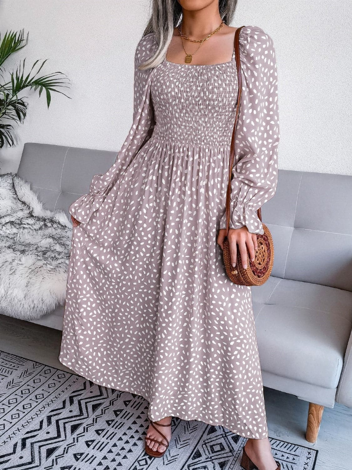 Smocked Square Neck Flounce Sleeve Dress.