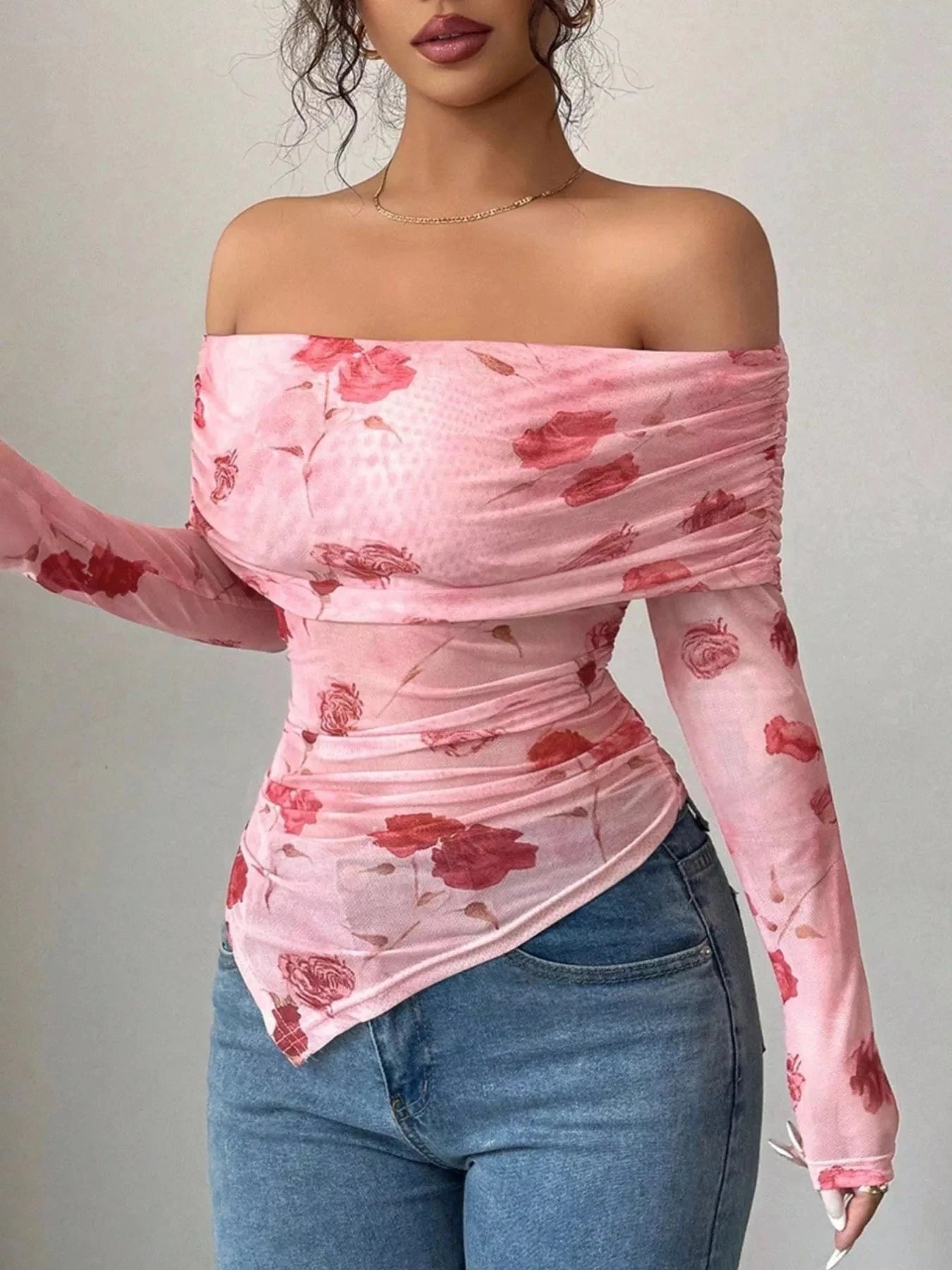 Floral Print Off-Shoulder Mesh Top Simply Love