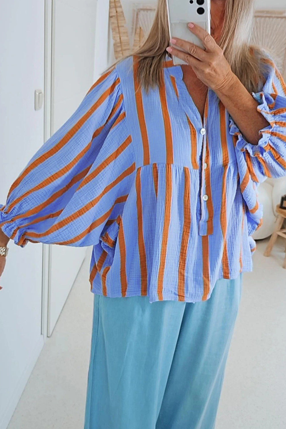 Sky Blue Stripe Crinckled Ruffled Sleeve Button up Loose Shirt