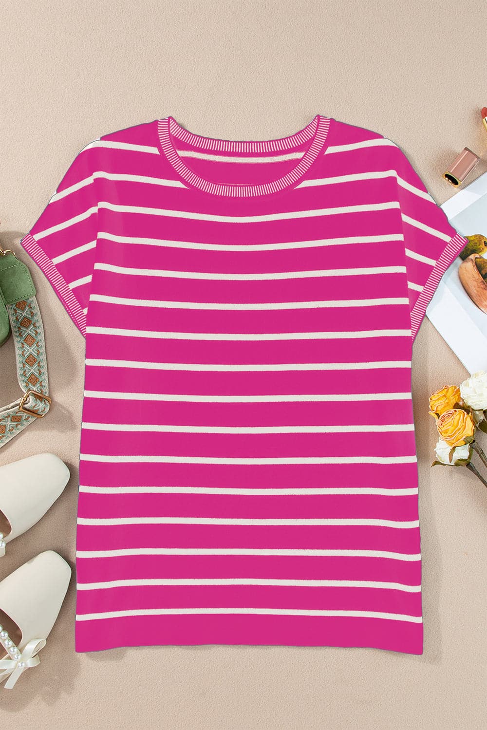 Striped Round Neck Cap Sleeve Knit Top.