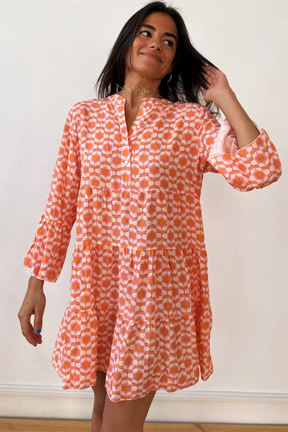 Chic Orange Floral Print Flounce Sleeve Buttoned Front Mini Dress