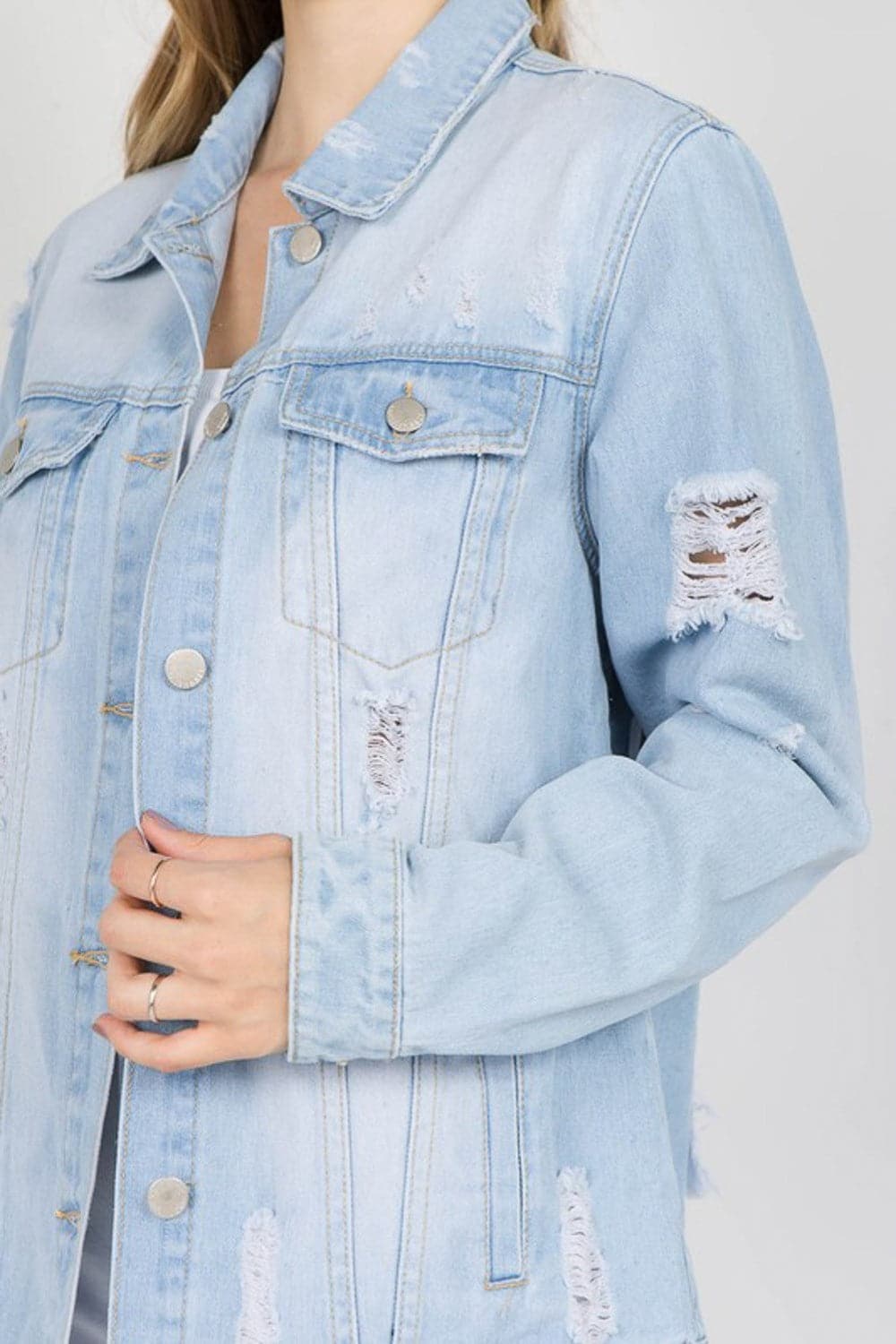 American Bazi Letter Patched Distressed Denim Jacket.