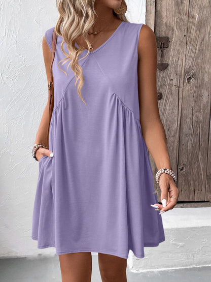 Ruched V-Neck Sleeveless Mini Dress.