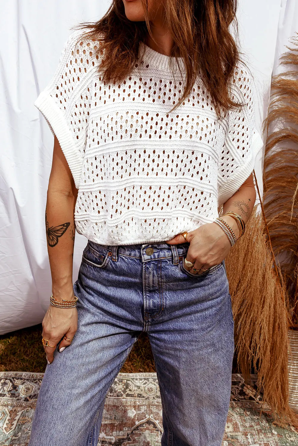 White Hollow Out Knit Dolman Sleeve Sweater Round Neck Dear-Lover Dropshipping