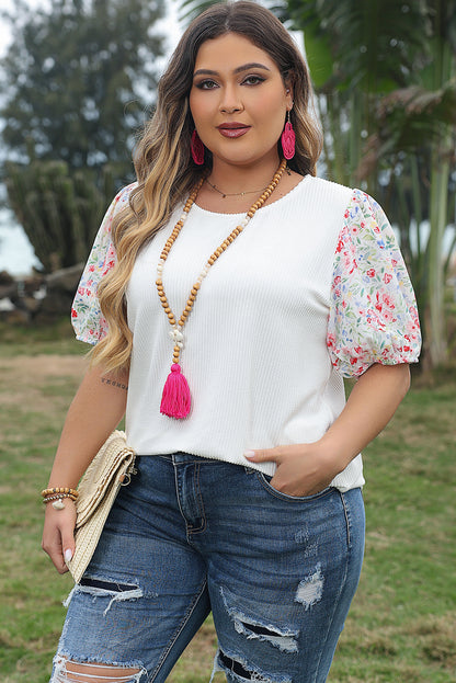 Chic floral puff sleeve plus size ribbed knit blouse in white