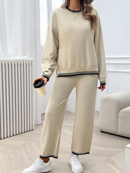 Round Neck Dropped Shoulder Top and Pants Sweater Set.