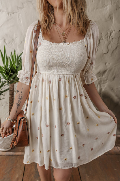 Beige Embroidered Flower Smocked Bust Half Puff Sleeve Dress