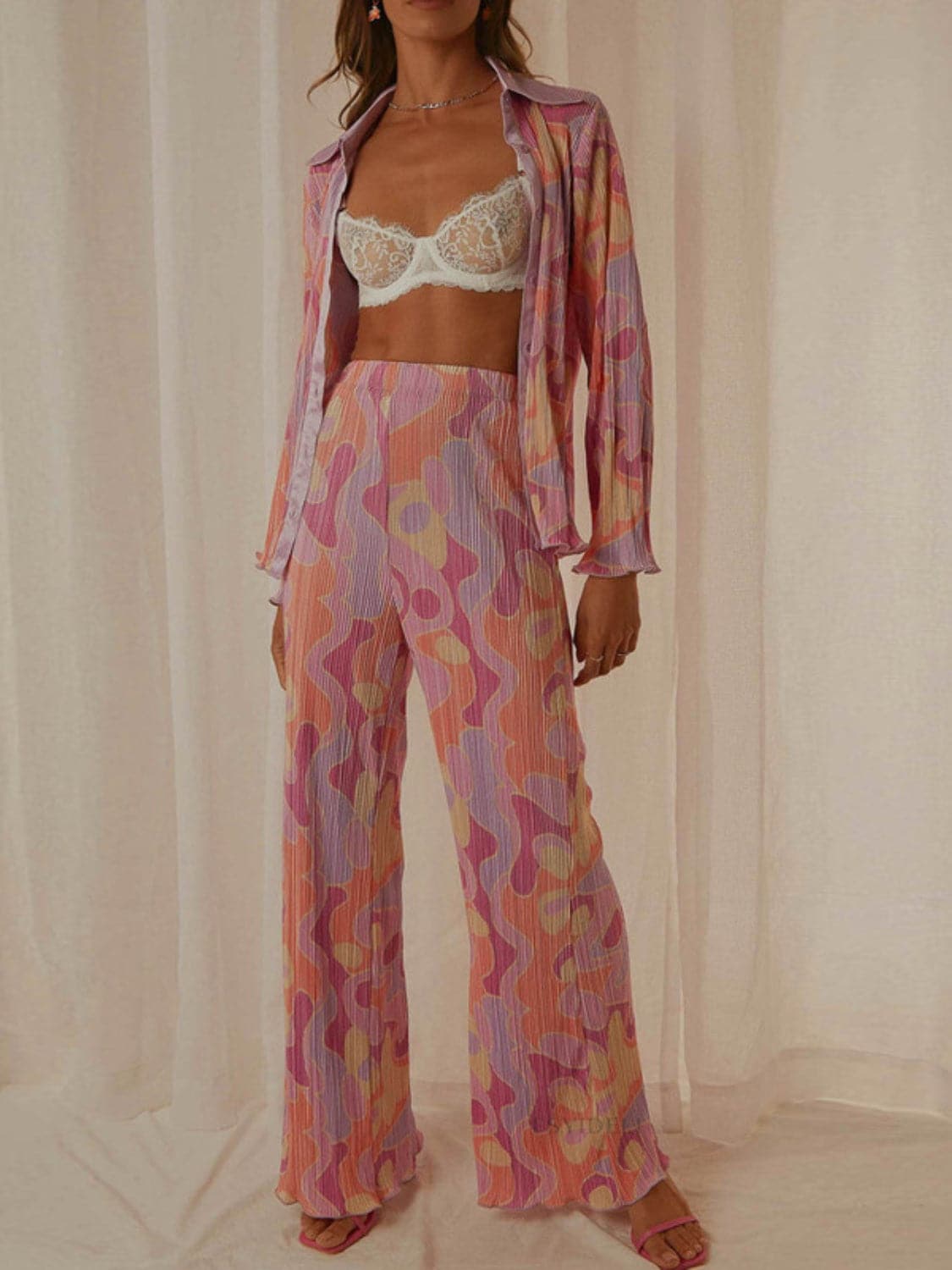 Chic printed collared long sleeve top and pants lounge set