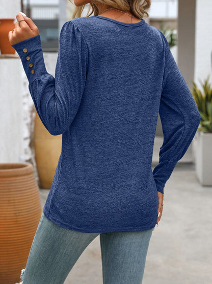 Decorative Button Round Neck Long Sleeve T-Shirt.