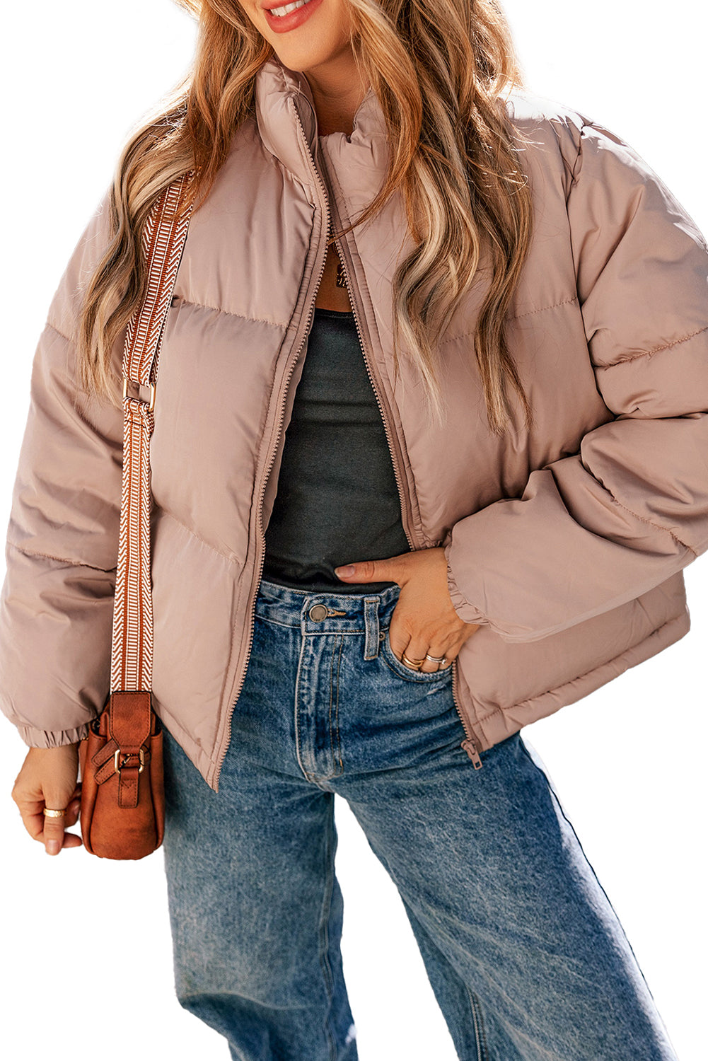 Chic apricot pink quilted puffer jacket with full zipper