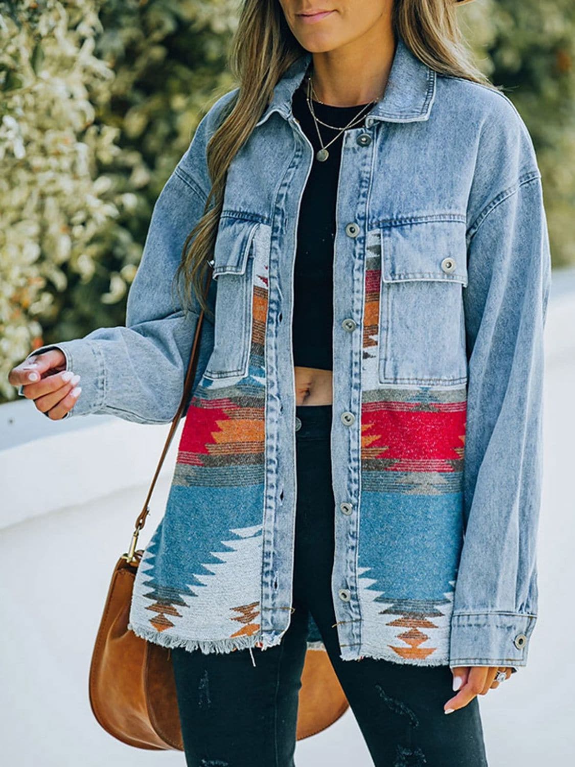 Collared Neck Dropped Shoulder Denim Jacket.