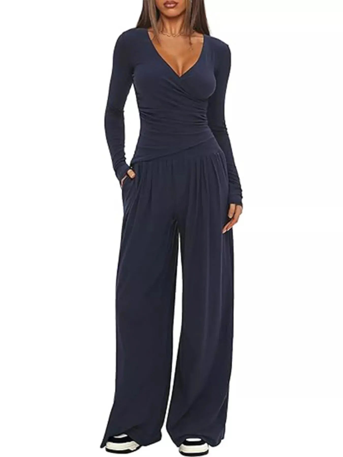 Casual Brown Long Sleeve Wrap Top And Wide Leg Pants Two-Piece Set Simply Love