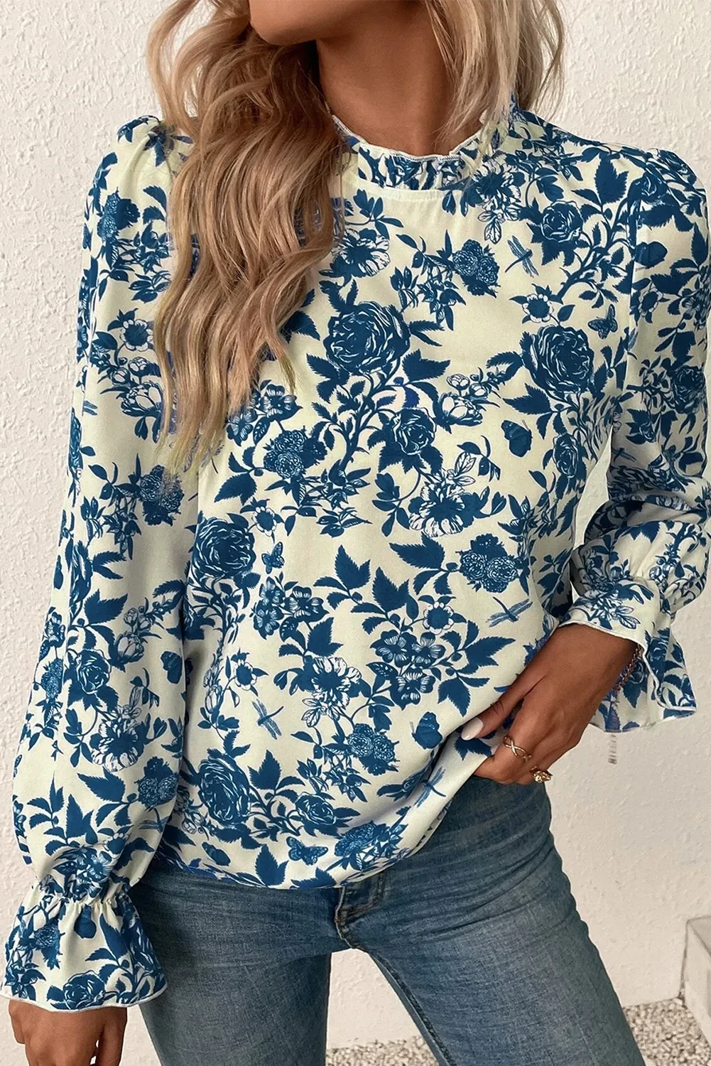 Printed Mock Neck Flounce Sleeve Blouse.