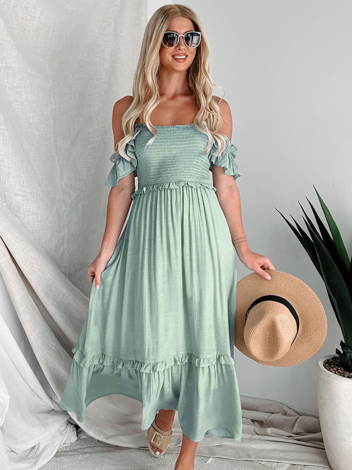 Frill Smocked Off-Shoulder Ruffle Sleeve Dress.